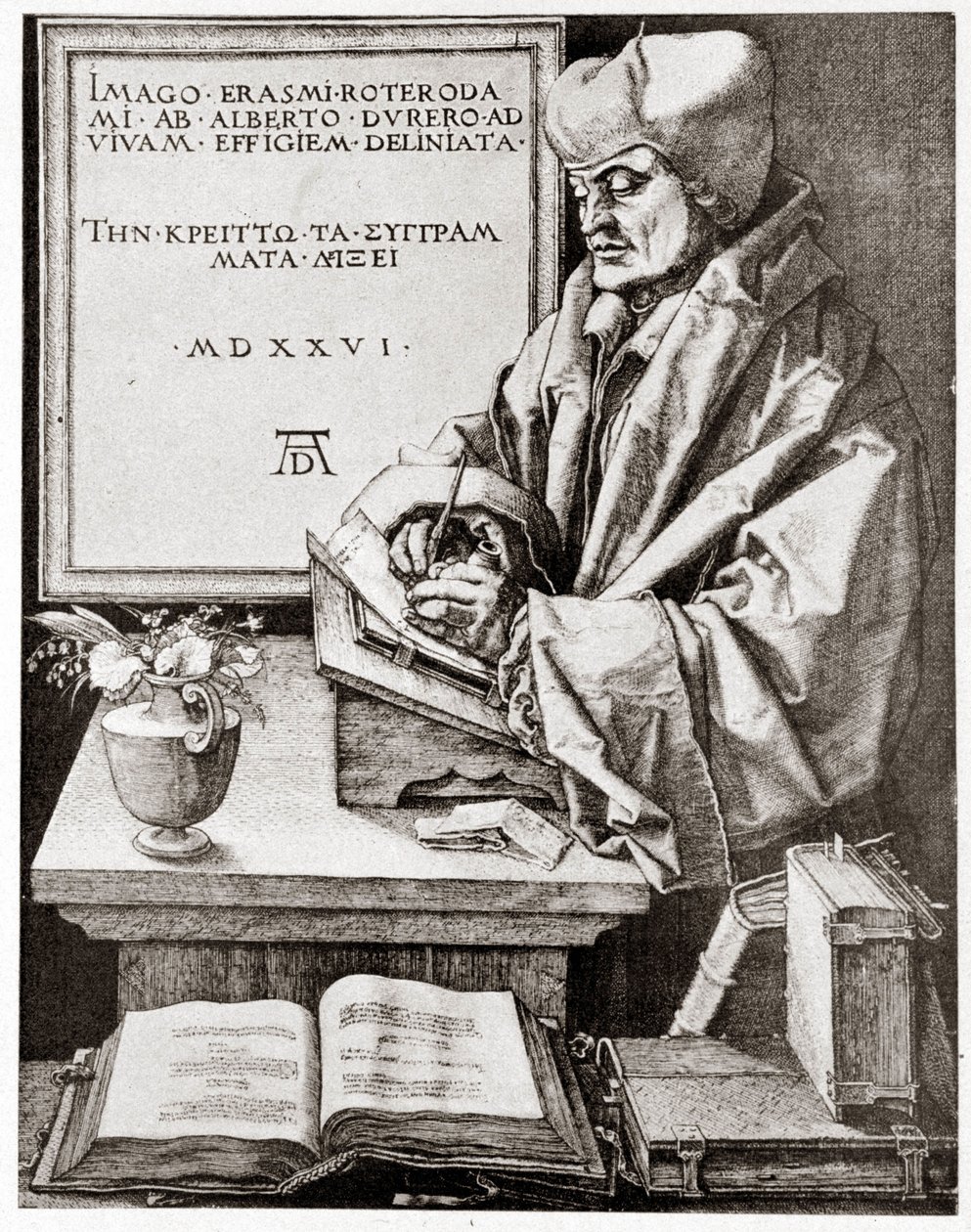 Erasmus à sua escrita - gravura de Albrecht Durer reproduzida no início do século XX. de Albrecht Dürer