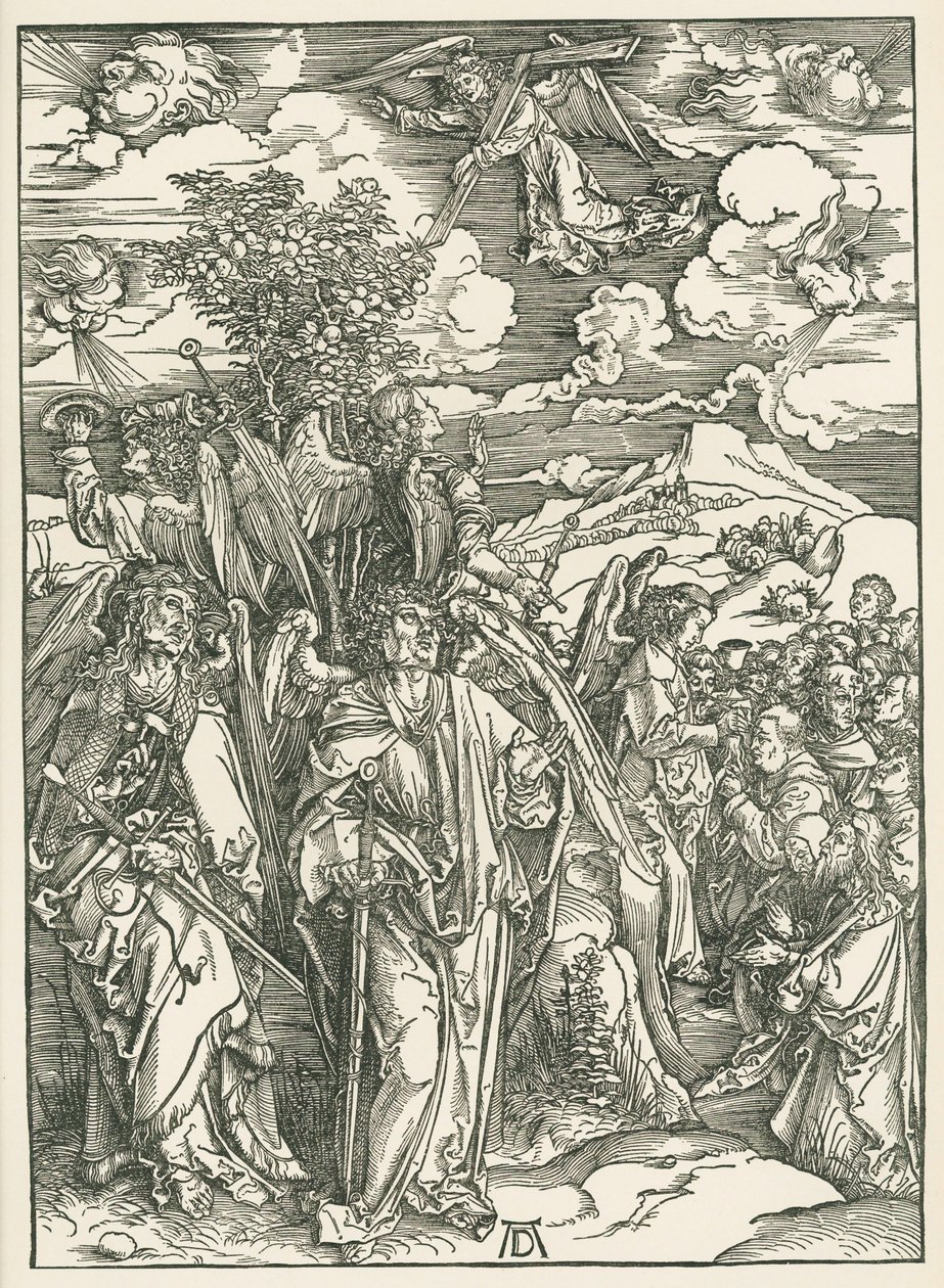 Quatro anjos a controlar os ventos e a assinatura dos eleitos. O Apocalipse de São João, c.1497-98 (xilogravura) de Albrecht Dürer or Duerer