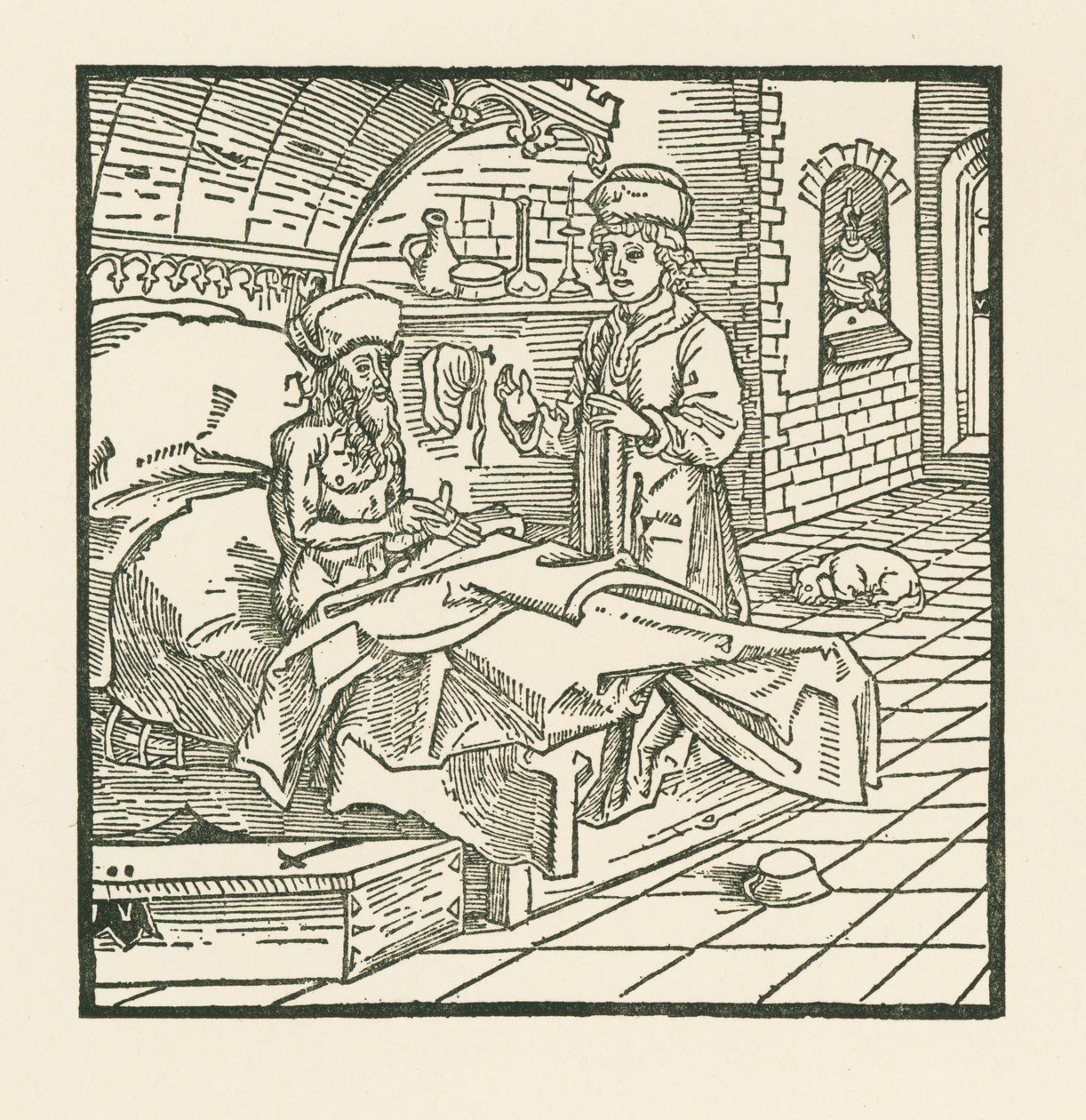 O Mestre Catão, no seu leito de morte, dá boas instruções ao seu filho de Albrecht Dürer or Duerer