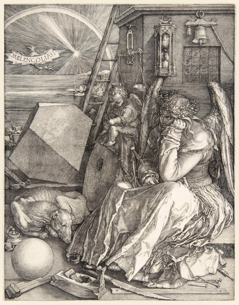 Melencolia I de Albrecht Dürer (1471-1528) em suas 3 gravuras mestras completadas em 1514. de Albrecht Dürer