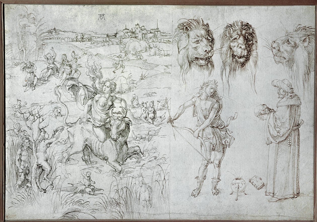 Violação de Europa, cabeças de leão, arqueiro, sábio, caveira (desenho) de Albrecht Dürer or Duerer