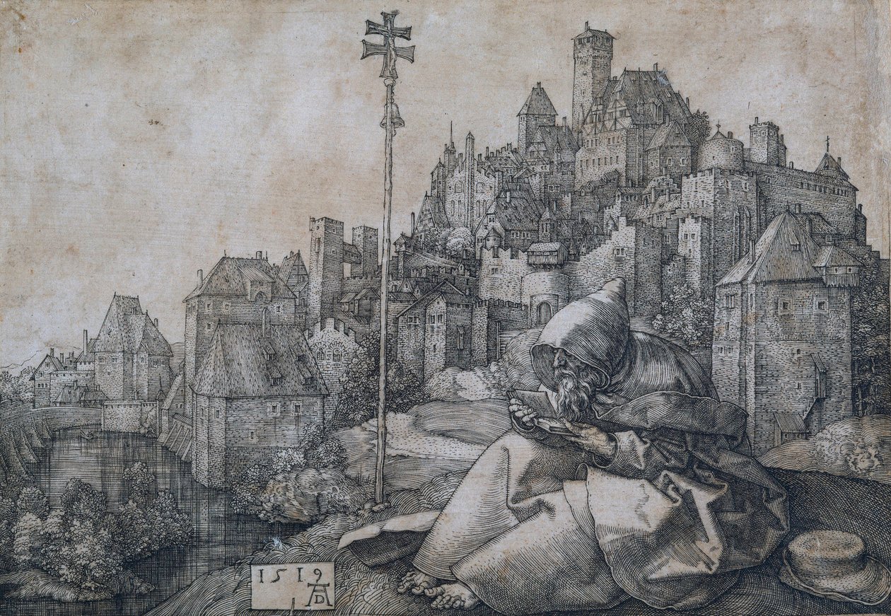 Santo António sentado em frente de uma cidade - Gravura em cobre de Albrecht Durer (1471-1528) de Albrecht Dürer