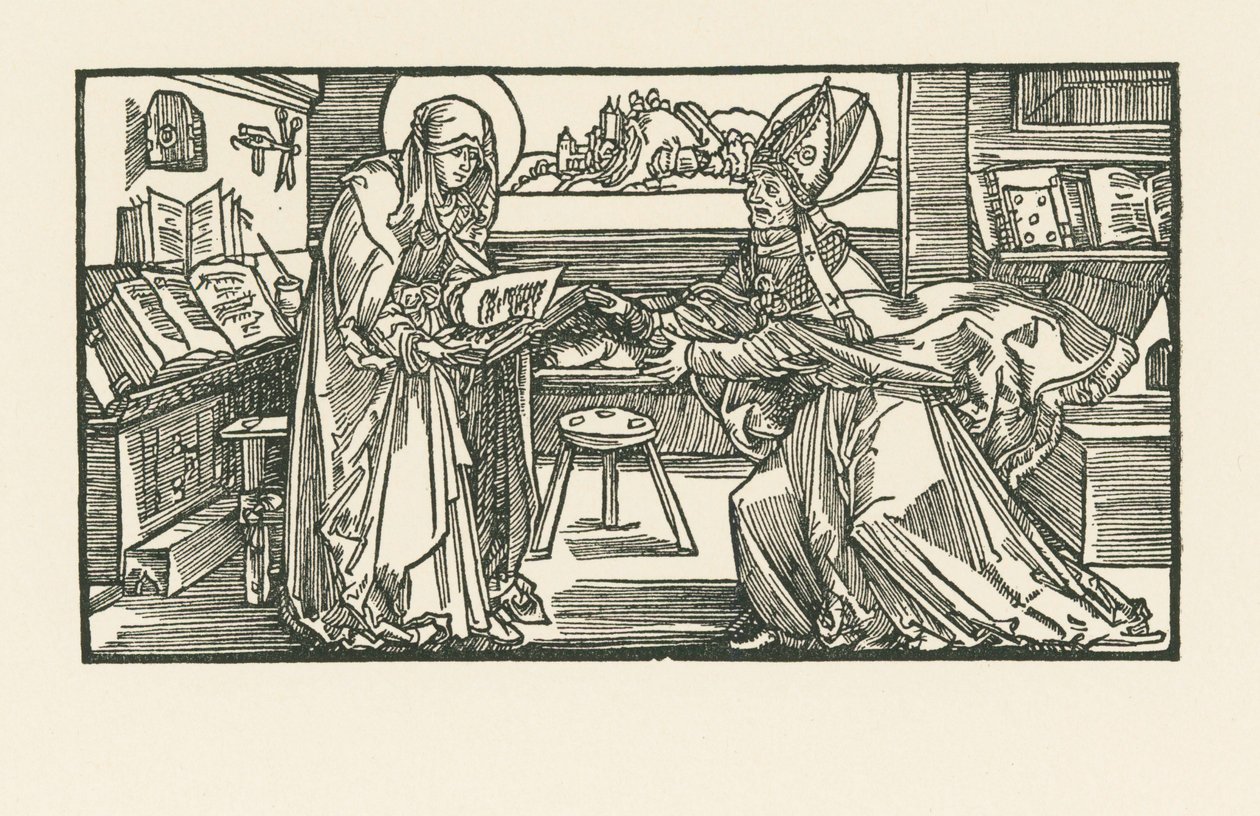 Santa Brígida no seu quarto a entregar a sua obra a um bispo de Albrecht Dürer or Duerer