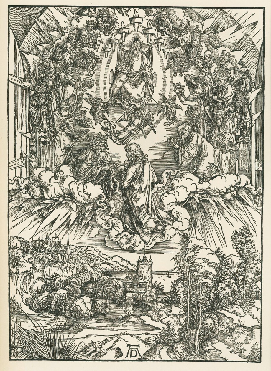 São João diante de Deus e dos vinte e quatro Anciãos no Céu. O Apocalipse de São João, c.1496 (xilogravura) de Albrecht Dürer or Duerer