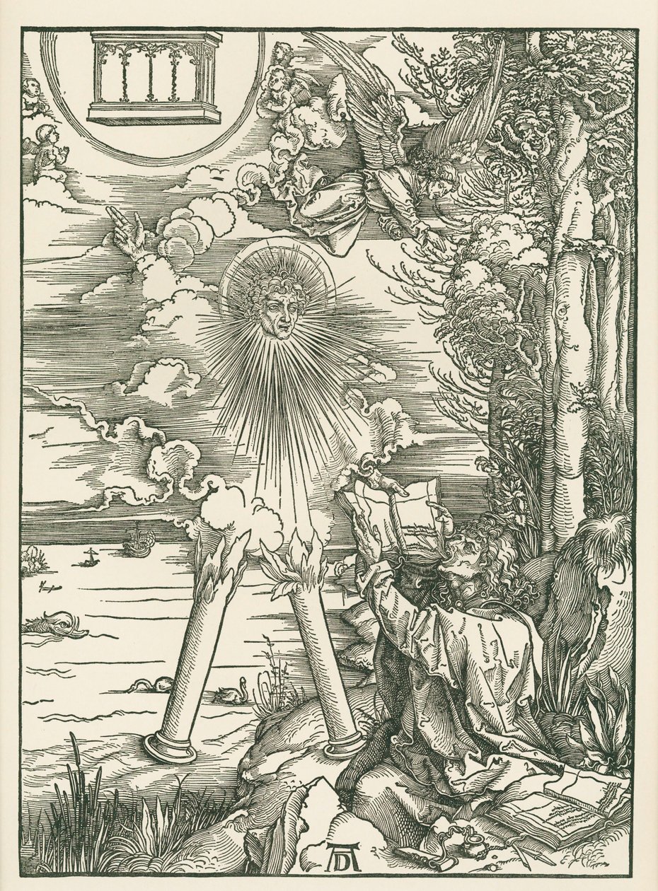 São João devorando o Livro apresentado pelo Anjo. O Apocalipse de São João, c.1498 (xilogravura) de Albrecht Dürer or Duerer