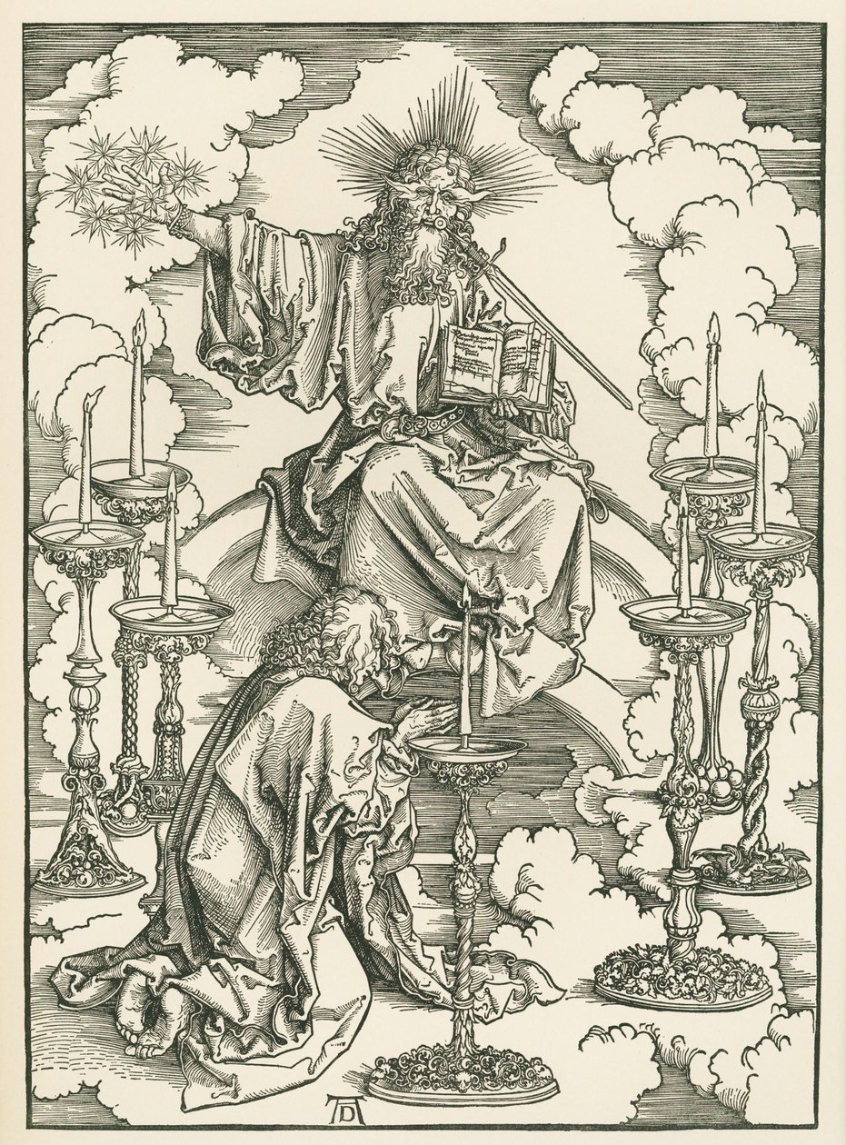 A visão de São João de Cristo e os sete castiçais. A Revelação de São João Divino, c.1496-98 (xilogravura) de Albrecht Dürer or Duerer
