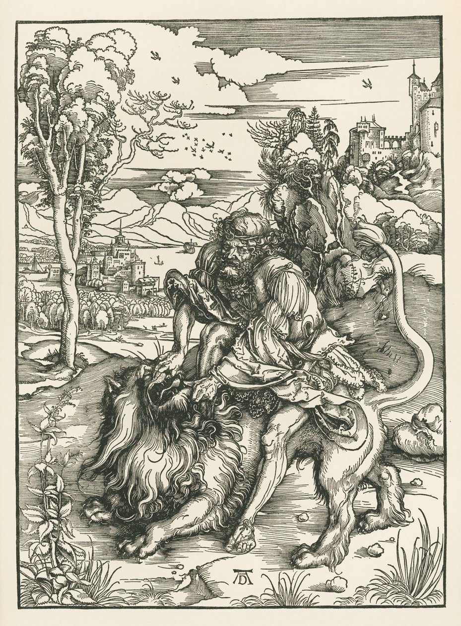 Sansão matando o Leão, c.1497-98 (xilogravura) de Albrecht Dürer or Duerer
