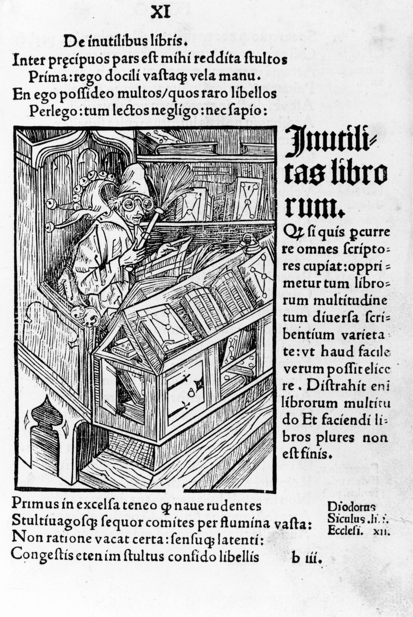 O Savant no seu escritório. Ele está a usar um par de óculos. Xilografia de Durer, das narrenschiff, de Sebastiano Brandt. de Albrecht Dürer