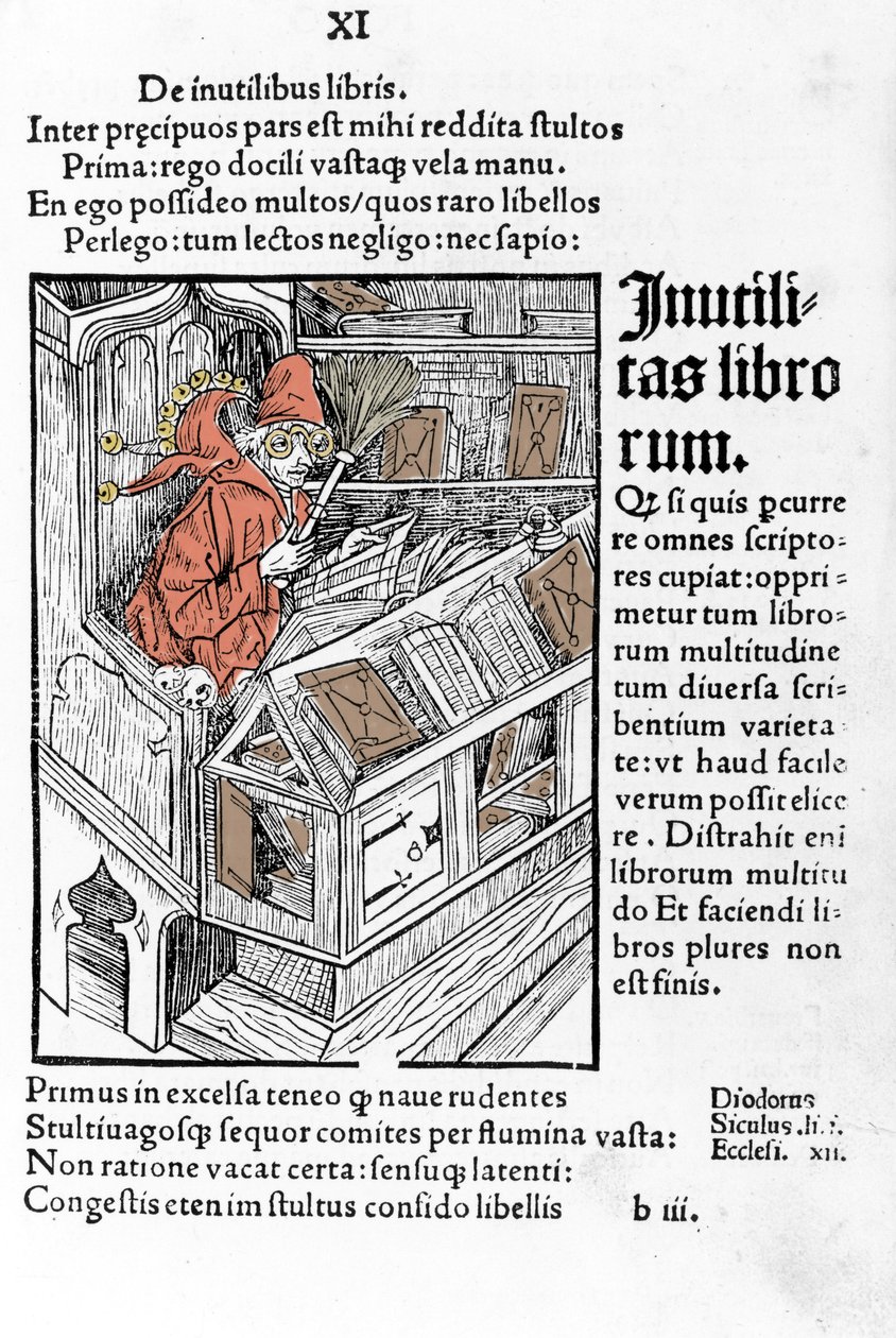 O Savant tem o seu escritório. Ele está a usar um par de óculos. Xilografia de Durer em "das narrenschiff", de Sebastiano Brandt. de Albrecht Dürer