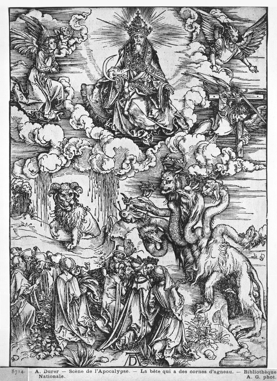 Cena do Apocalipse, O dragão de sete cabeças e dez chifres (xilogravura) (foto p - b) de Albrecht Dürer