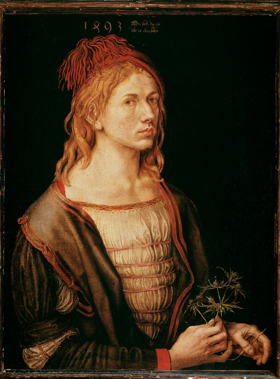 Auto-retrato com cardo (Pintura, cola de pergaminho sobre tela de Albrecht Dürer