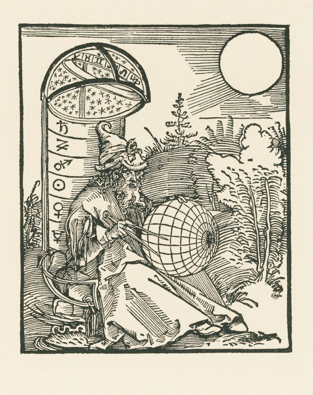 Astrónomo sentado segurando um globo de Albrecht Dürer or Duerer