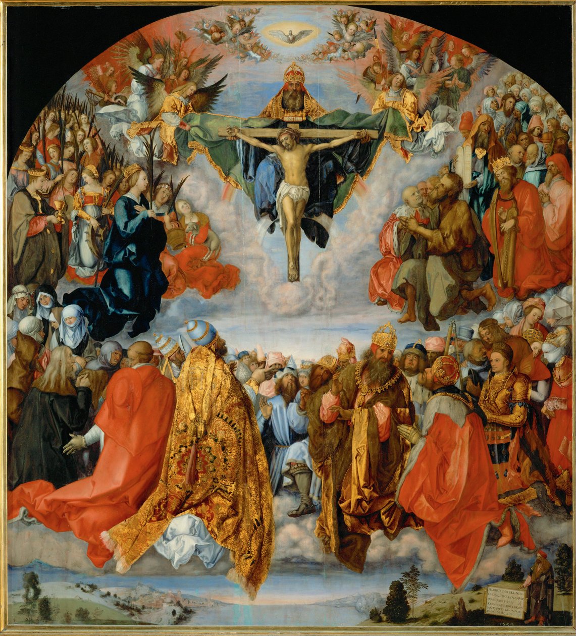 A Adoração da Trindade com o autorretrato de Duerer no canto inferior direito (óleo sobre madeira de choupo) de Albrecht Dürer or Duerer