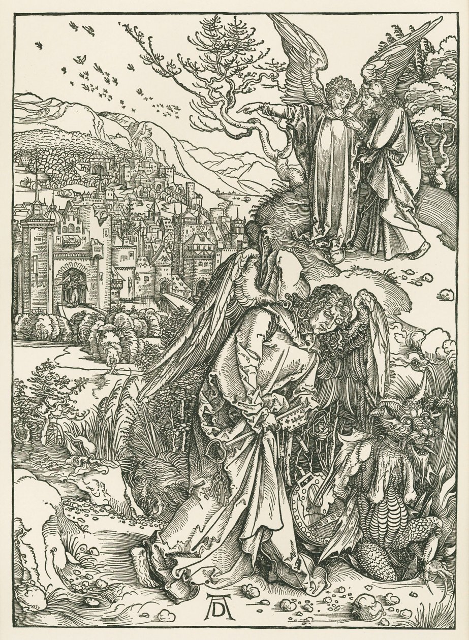 O Anjo com a Chave que lança o Dragão no Abismo e outro Anjo que mostra a São João a Nova Jerusalém, c.1497-98 (xilogravura) de Albrecht Dürer or Duerer