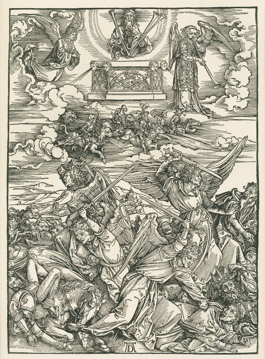 A batalha dos anjos. O Apocalipse de São João, c.1496-98 (xilogravura) de Albrecht Dürer or Duerer