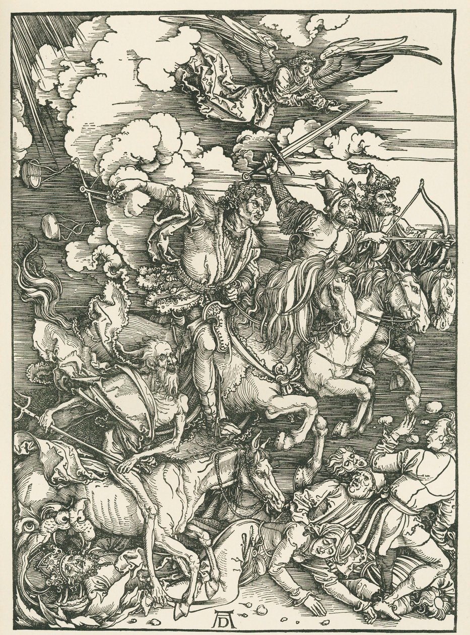 Os quatro cavaleiros do Apocalipse. O Apocalipse de São João, c.1497-98 (xilogravura) de Albrecht Dürer or Duerer