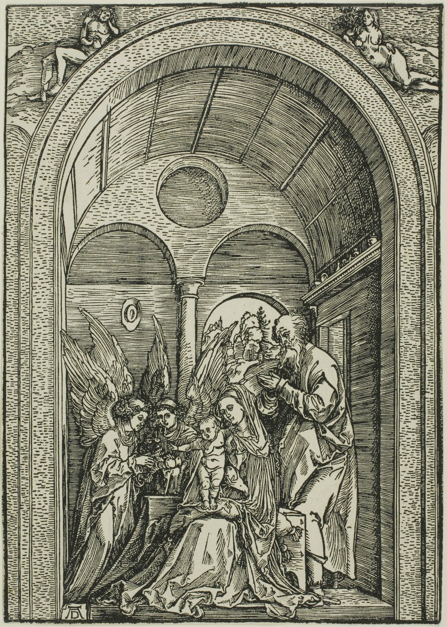 A Sagrada Família com dois anjos numa sala abobadada de Albrecht Dürer or Duerer