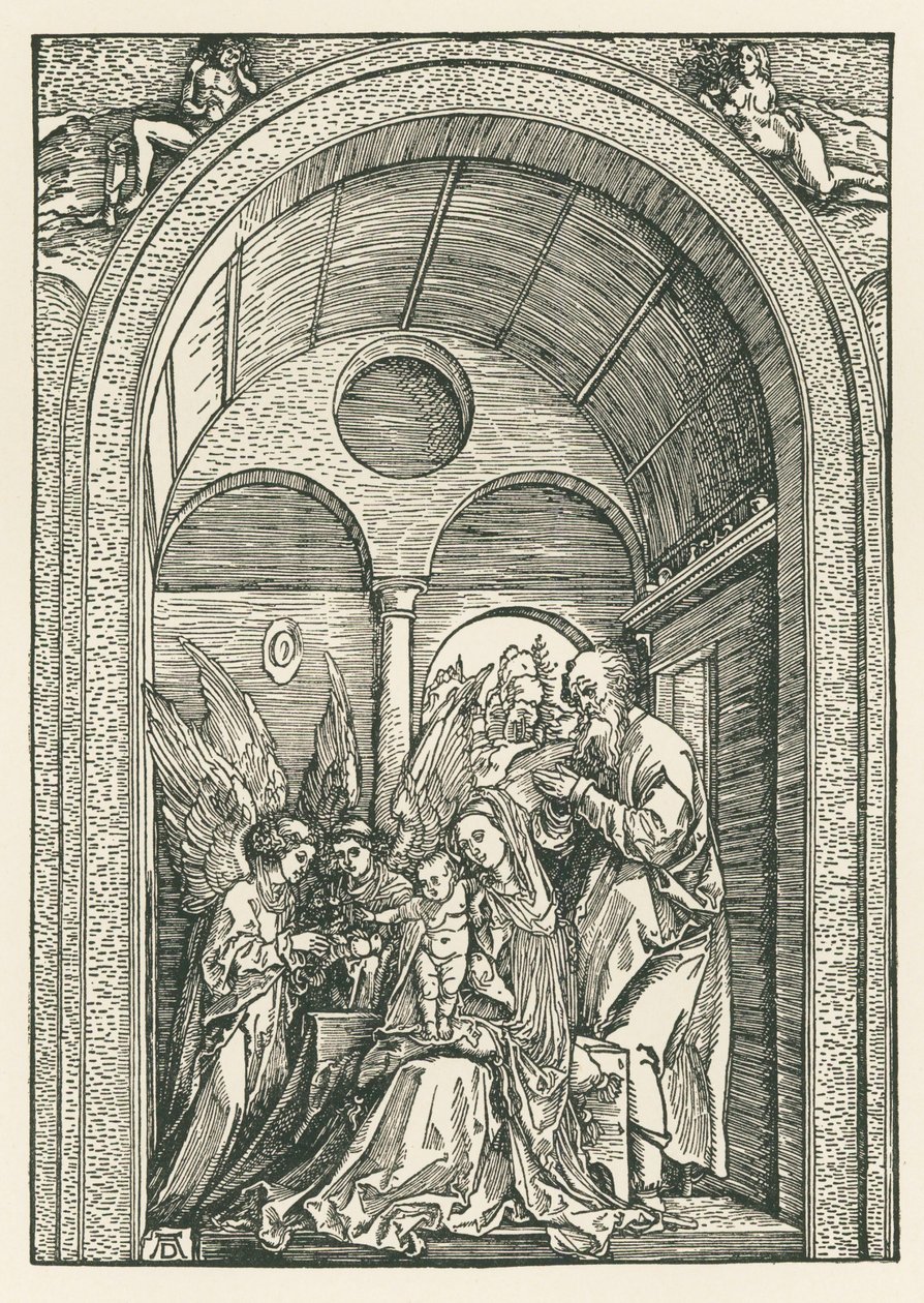 A Sagrada Família com dois anjos num pórtico, c.1503-04 (xilogravura) de Albrecht Dürer or Duerer