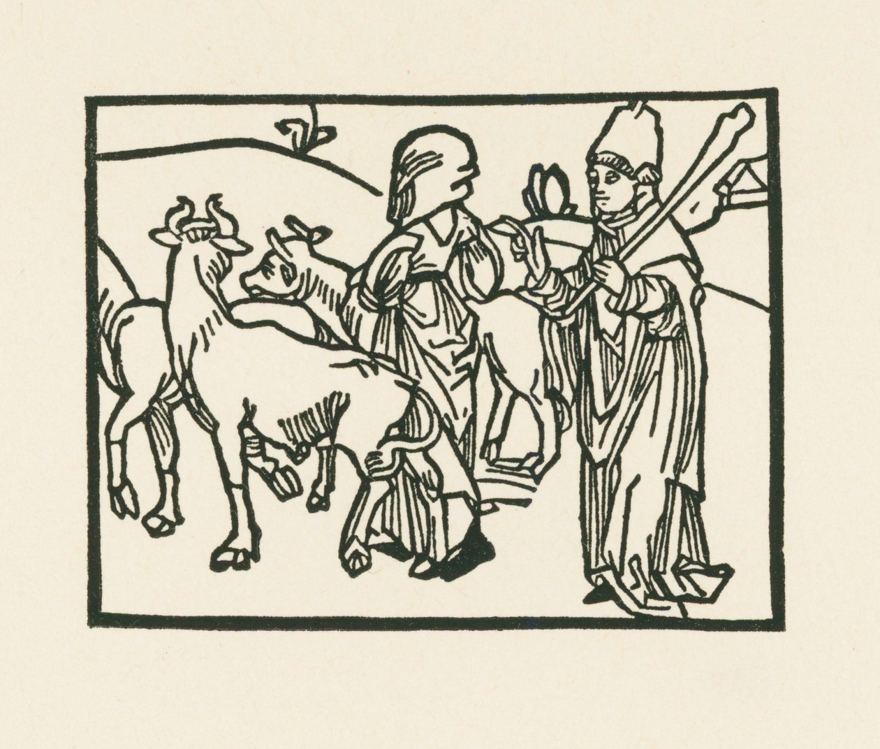 O Sacerdote, com as suas vestes, expulsa o gado e à sua frente vai a serva, c.1489-90 (xilogravura) de Albrecht Dürer or Duerer