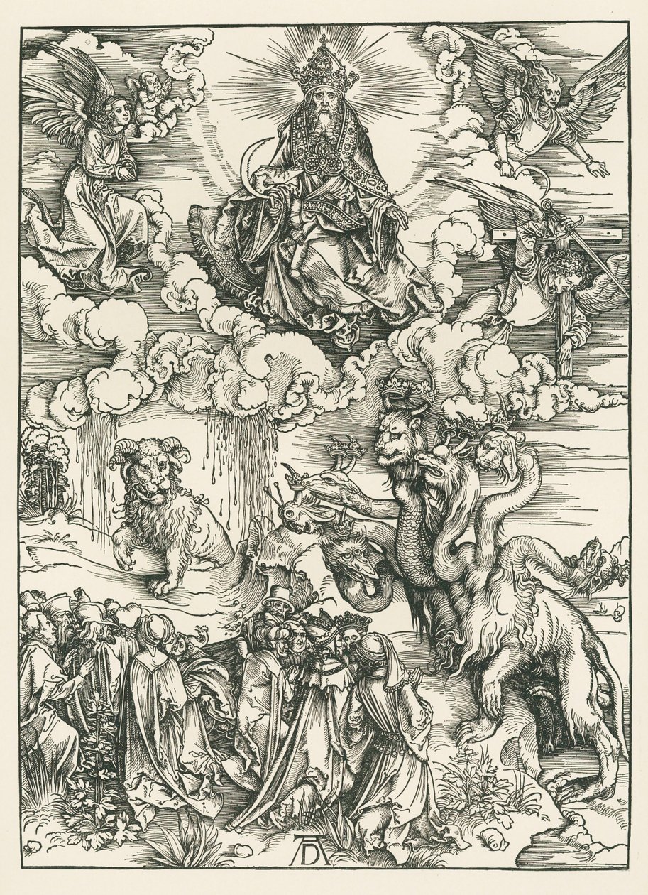 O monstro marinho e a besta com os chifres do cordeiro. O Apocalipse de São João, c.1496-97 (xilogravura) de Albrecht Dürer or Duerer