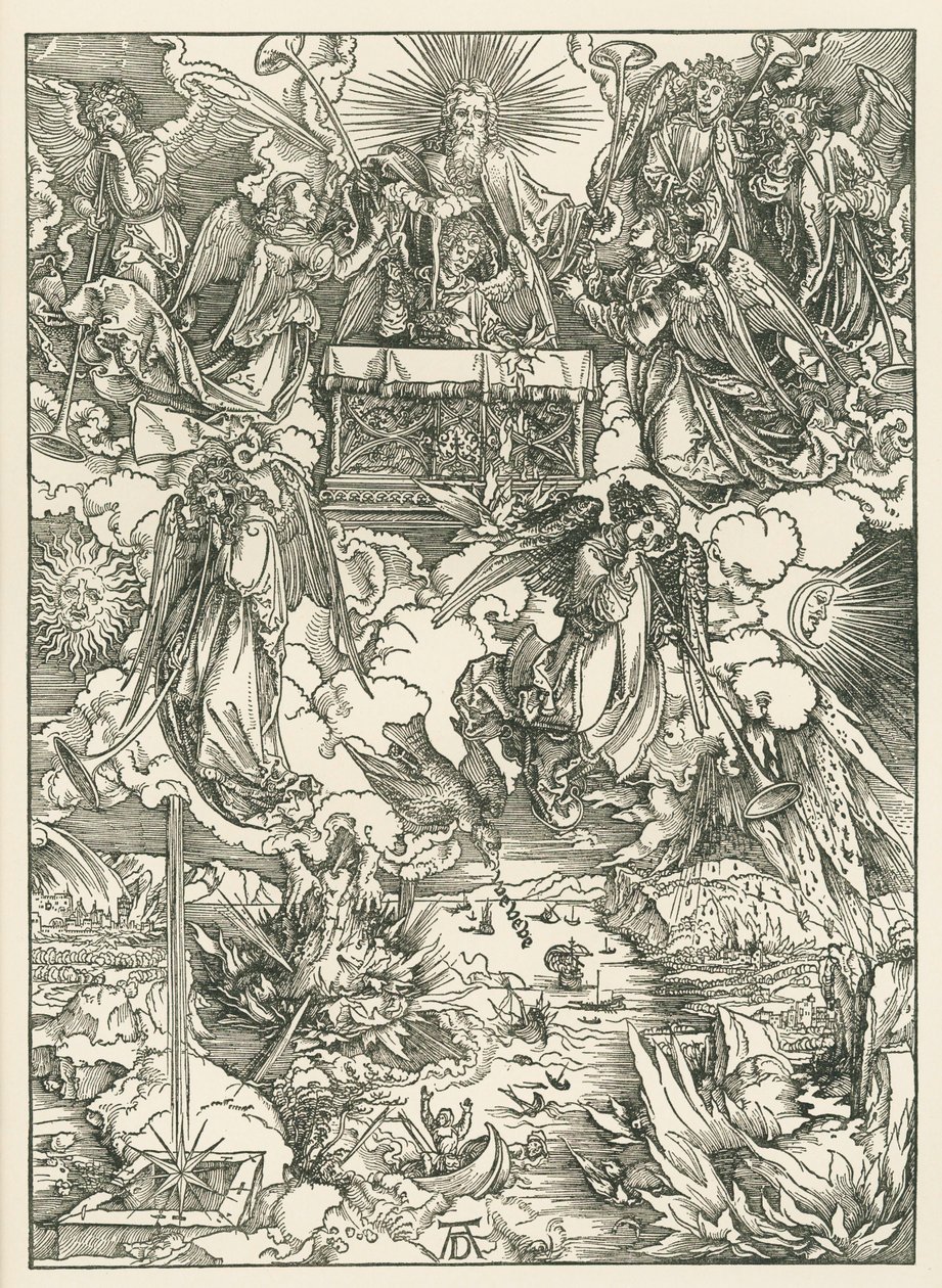 As sete trombetas são entregues aos anjos. O Apocalipse de São João, c.1496-97 (xilogravura) de Albrecht Dürer or Duerer