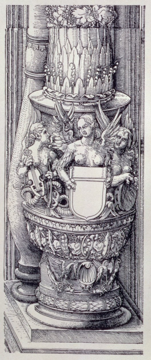 O Arco Triunfal do Imperador Maximiliano I da Alemanha (1459-1519): detalhe das Portas de Honra e Poder centrais, base da coluna esquerda embelezada com faixas de folhagem e grifos femininos alados, datada de 1515, pub. 1517/18 (xilogravura) de Albrecht Dürer