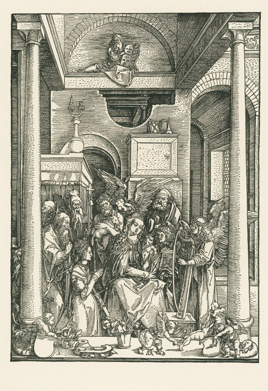 A Virgem adorada por anjos e santos, c.1502 (xilogravura) de Albrecht Dürer or Duerer