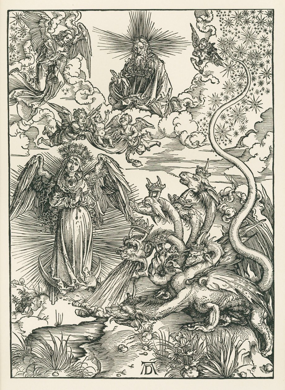 A Mulher vestida de Sol e o Dragão de sete cabeças. O Apocalipse de São João, c.1497 (xilogravura) de Albrecht Dürer or Duerer