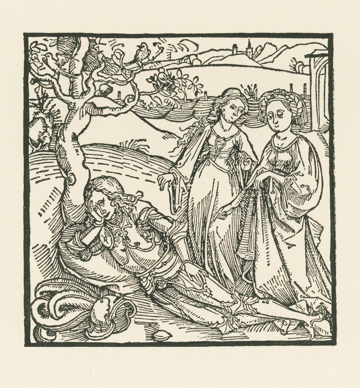 O cavaleiro em meditação é acompanhado pelas suas duas filhas de Albrecht Dürer or Duerer