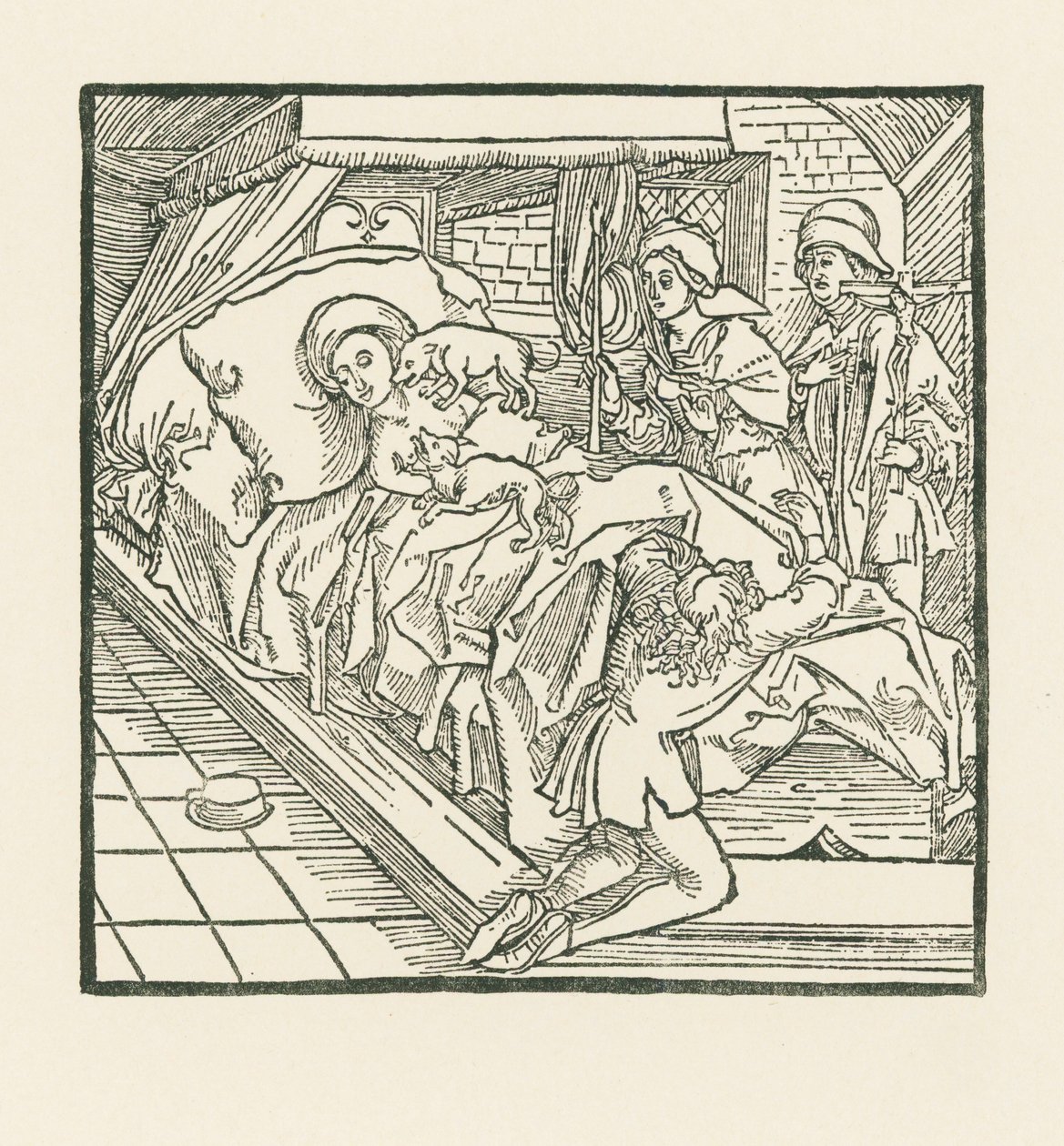 A nobre dama de companhia que alimentava tão bem os seus cães, mas deixava os pobres passar fome, depois da sua morte é lambida pelos cães até ficar preta como carvão de Albrecht Dürer or Duerer