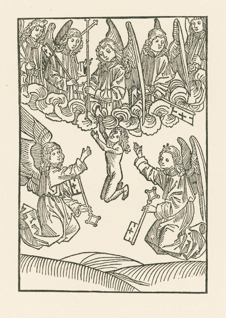 Os sete anjos com uma cruz e as seis chaves, com as quais abriram o Céu às seis obras de Misericórdia, recebem uma alma no Céu de Albrecht Dürer or Duerer