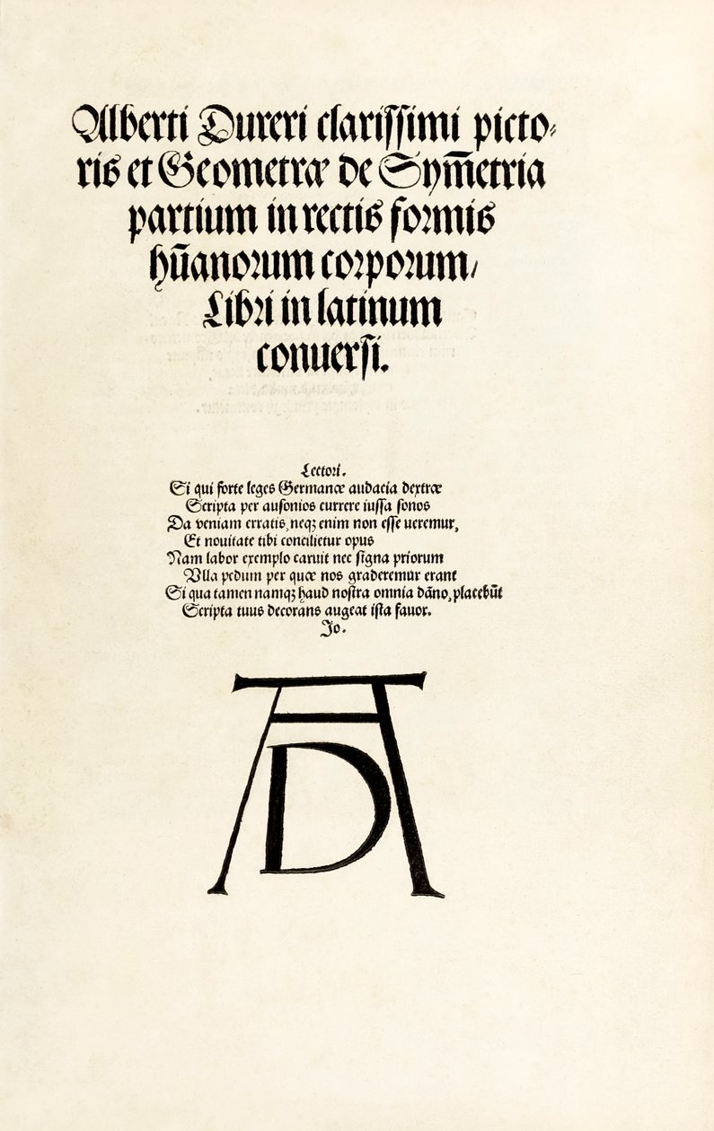 Página de rosto com o monograma de Durer de "Hierinn sind begriffen vier bücher von menschlicher Proportion". de Albrecht Dürer