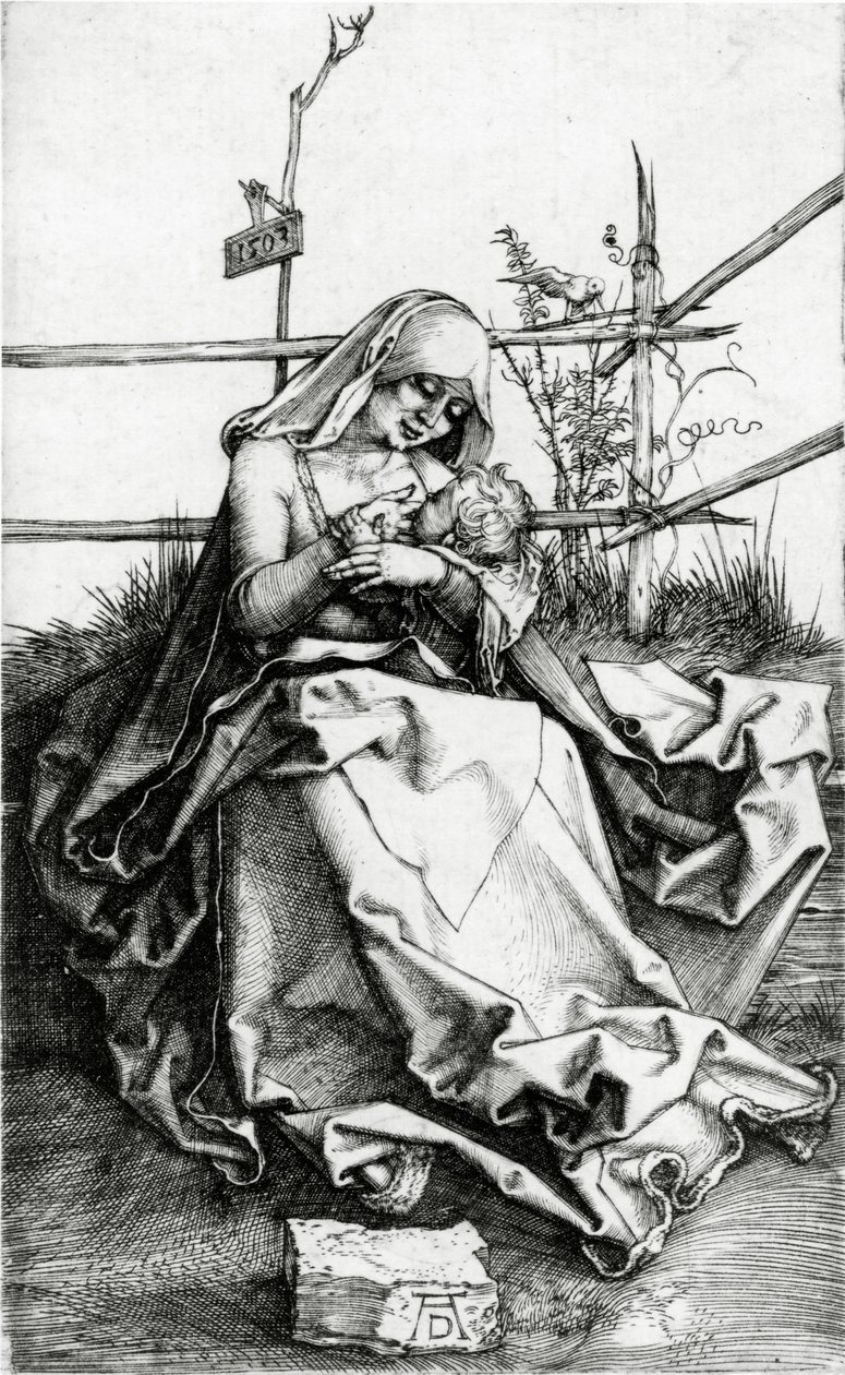 Virgem e Criança sentadas em um banco de grama de Albrecht Dürer