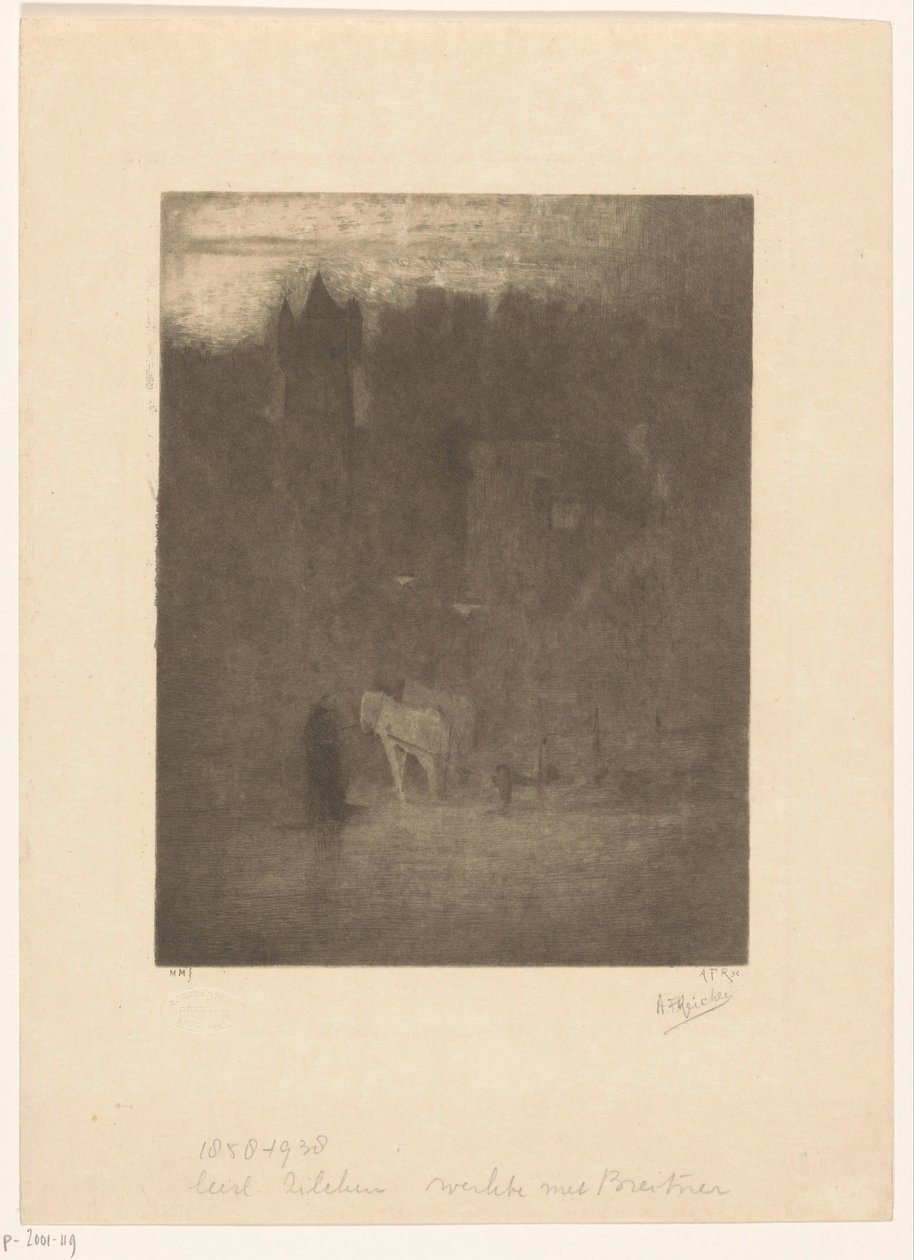 Figura e dois cavalos perto de um castelo na neblina de Albrecht Felix Reicher (signed by artist)