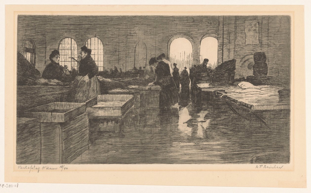 Interior do Vismarkt no Nieuwmarkt em Amsterdã Leilão de peixes de Amsterdã (título original no objeto) de Albrecht Felix Reicher (signed by artist)