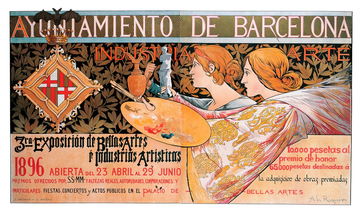 Poster para a terceira "Exposição de Belas Artes e Indústrias Artísticas" em Barcelona em 1896 - Litografia de Alexandre de Riquer i Ynglada (1856-1920) de Alejandro de Riquer