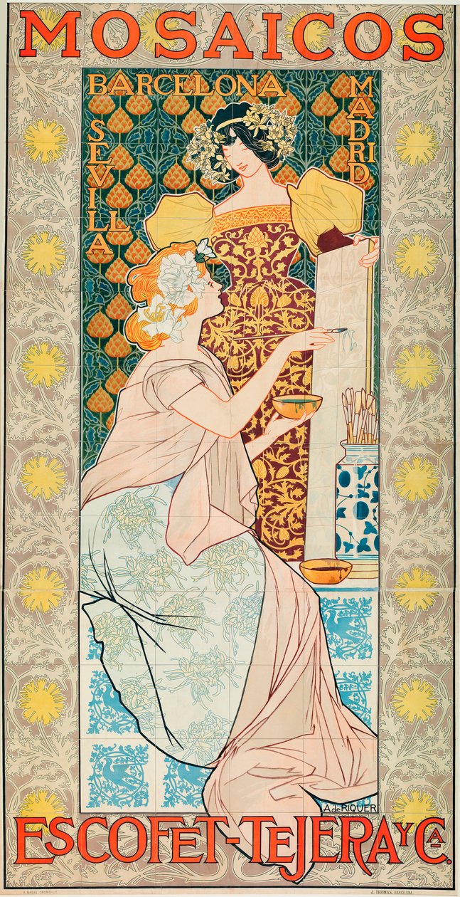 Anúncio da marca de azulejos "Escofet,Tejera y Cia" - Litografia de Alexandre de Riquer i Ynglada (1856-1920) de Alejandro de Riquer
