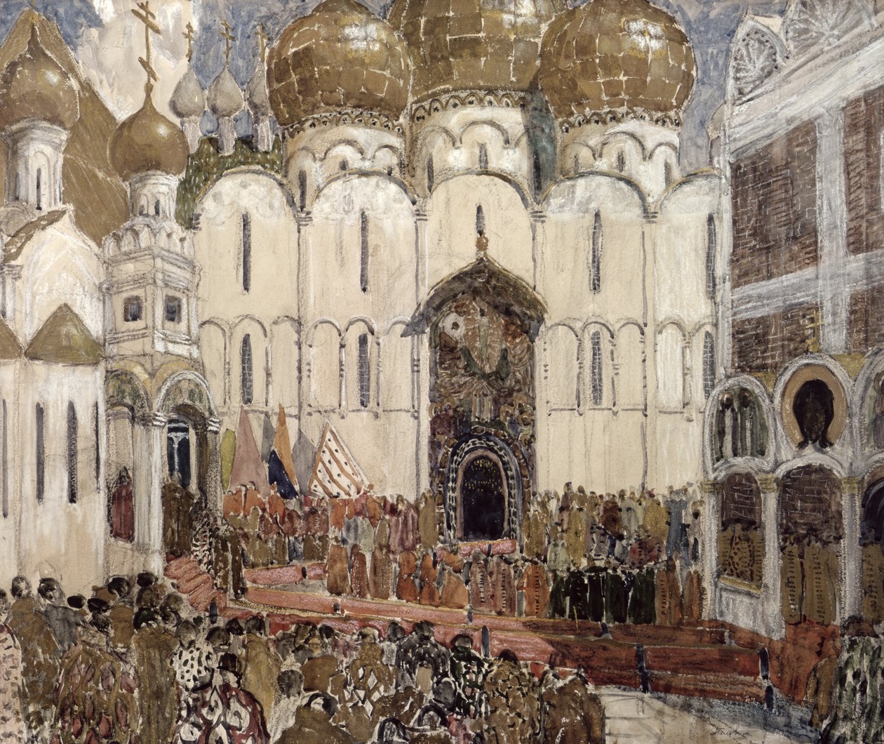 Uma praça no Kremlin de Moscou, design de palco para o prólogo, cena 2 da ópera &39;Boris Godunov&39; por Modest Petrovich Mussorgsky, 1908 (guache sobre papelão) de Aleksandr Jakovlevic Golovin