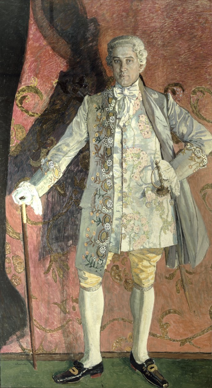 Retrato de Dmitry Smirnov como Chevalier des Grieux na ópera de Jules Massenet (1842-1912) &39;Manon&39;, 1909 (têmpera sobre tela) de Aleksandr Jakovlevic Golovin