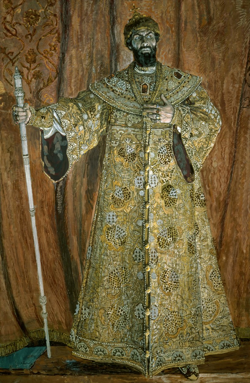 Retrato de Feodor Ivanovich Chaliapin (1873-1938) como Boris Godunov, 1912 (guache, pastel, giz e ouro sobre tela) de Aleksandr Jakovlevic Golovin