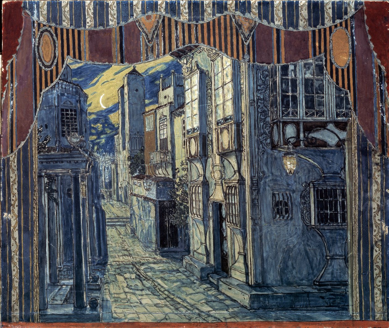 Cenografia para o barbeiro de Sevilha, por Gioachino Rossini, 1924 de Aleksandr Jakovlevic Golovin