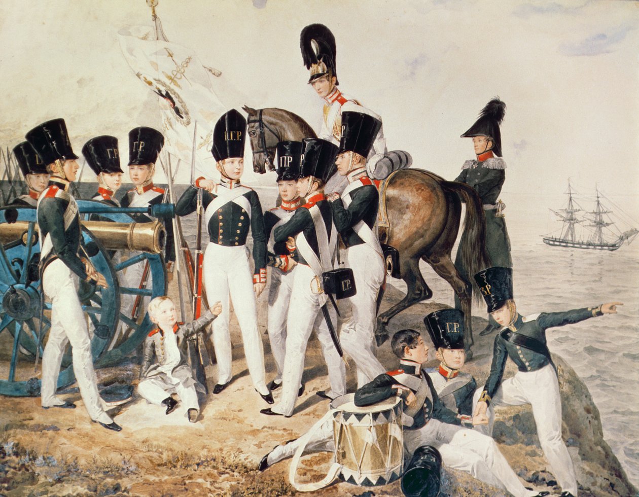 Tsarevich Alexander (1818-81) com seus cadetes em Peterhof, c.1823 de Aleksandr Pavlovich Bryullov