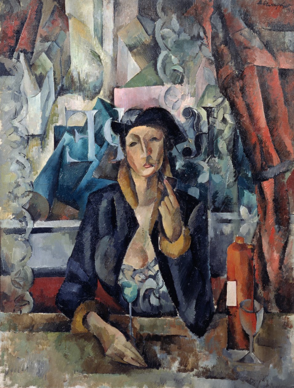 Retrato da mulher do artista num café de Aleksandr Aleksandrovich Osmerkin