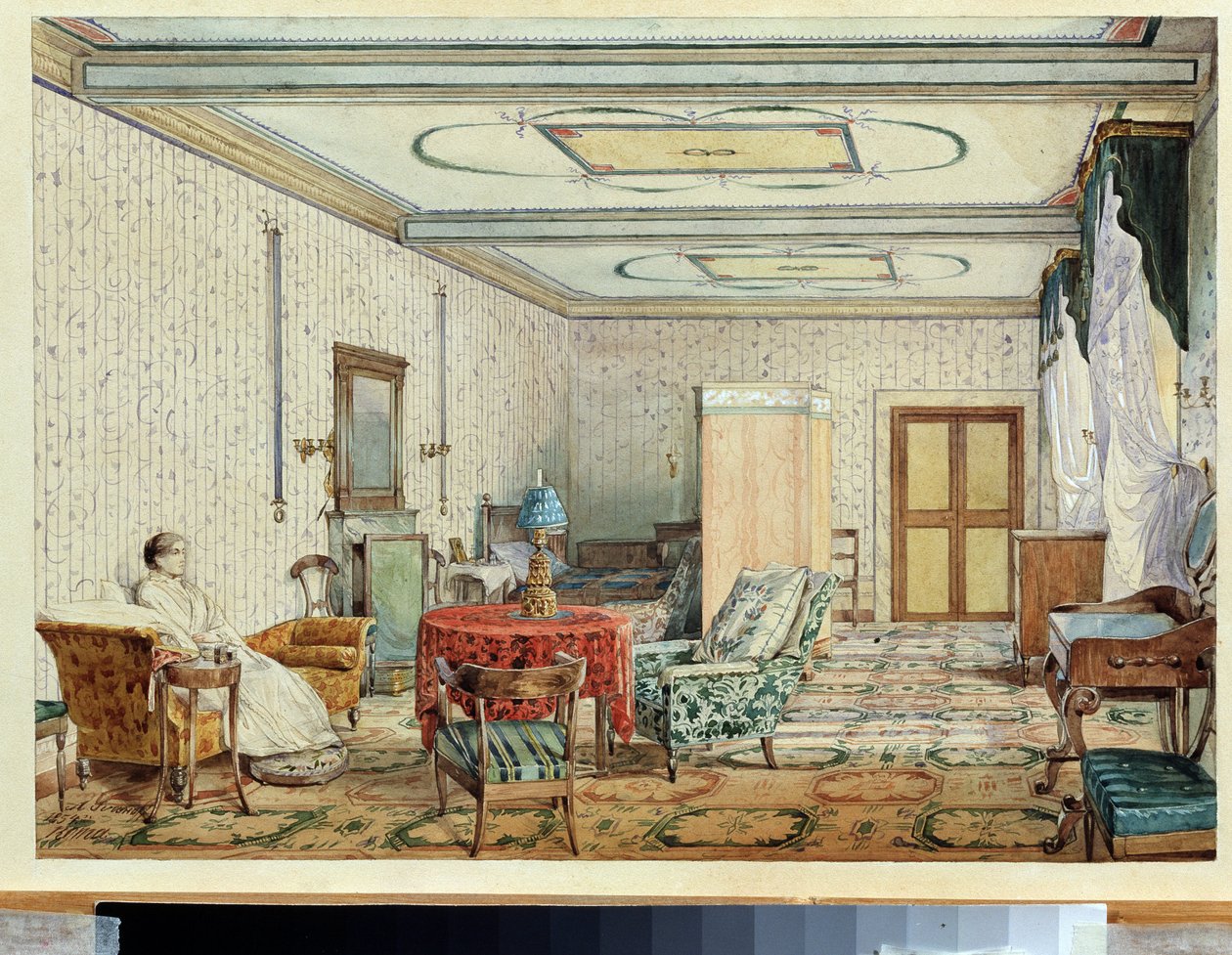 Interior (interior). Obra de Alexander Andreyevich Ivanov (1806-1858), aquarela e branco sobre papel, arte russa do século XIX. Museu de Arte do Estado, Nizhny Novgorod (Rússia) de Aleksandr Andreevich Ivanov