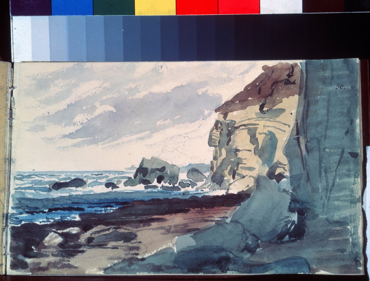 O Surf. Vista de uma praia perto das falésias. Trabalho de Alexander Andreyevich Ivanov (1806-1858), aguarela sobre papel de Aleksandr Andreevich Ivanov