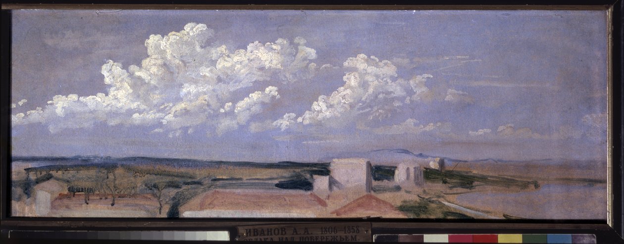 Nuvens sobre a costa do mar. Paisagem com algumas casas ao longo da costa, encimadas por grandes nuvens brancas. Obra de Alexander Andreyevich Ivanov (1806-1858), óleo sobre papel de Aleksandr Andreevich Ivanov