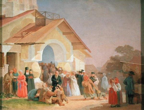 Saindo de uma igreja em Pskov, 1863-64 de Aleksandr Ivanovich Morozov