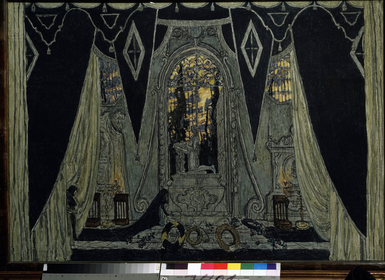 Decoração para a ópera "O convidado de pedra" de Alexandre Dargomyjski (1813-1869) (Cenografia para a ópera O convidado de pedra de A. Dargomyzhsky). Obra de Alexander Yakovlevich Golovin (Alexander Golovin) (1863-1930), óleo sobre madeira de Aleksandr Jakovlevic Golovin