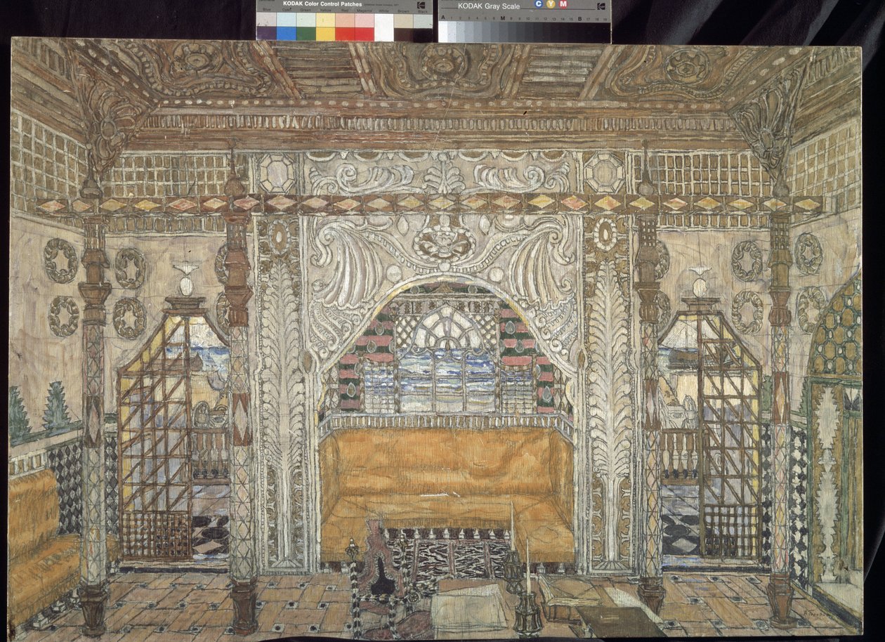 Decor preparatoire pour la piece ""Otelo"" de William Shakespeare (1564-1616) (cenário para a peça Otelo de William Shakespeare) - Peinture de Alexander Yakovlevich Golovin (Alexandre Golovine) (1863-1930), tempera sur bois de Aleksandr Jakovlevic Golovin