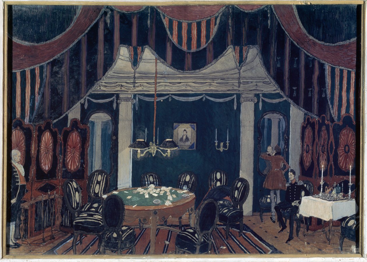 Decor preparatoire pour la piece de theatre ""La mascarade"" de Mikhail Lermontov (1814-1841) (cenário para a peça de teatro The Masquerade de Mikhail Lermontov) - Peinture de Alexander Yakovlevich Golovin (Alexandre Golovine) (1863-1930), tempera sur de Aleksandr Jakovlevic Golovin